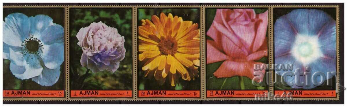 AJMAN 1972 Fâșie de flori transparentă de 5 timbre