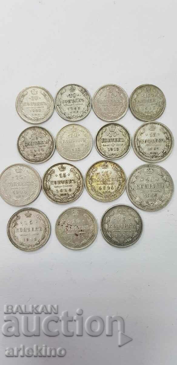 Ρωσικά βασιλικά νομίσματα 15 τεμαχίων, ασημένιο νόμισμα καπίκων