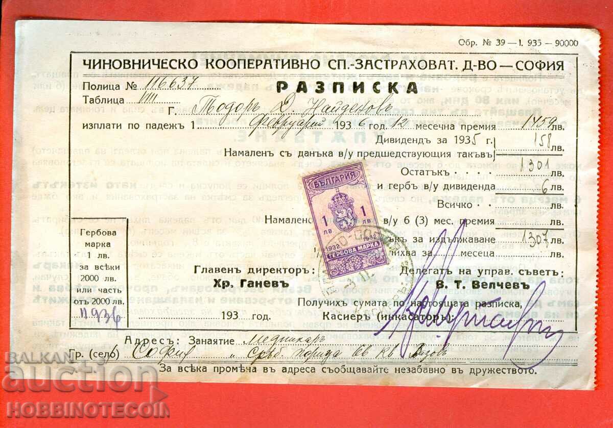 BULGARIA STAMPS STAMPS 1 Lev - 1932 RECEIPT 3 BULGARIA STAMPS STAMPS 1 Lev - 1932 RECEIPT 3