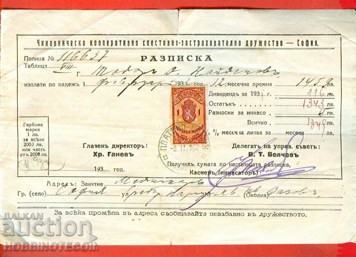 BULGARIA STAMPS STAMPS 1 Lev - 1929 RECEIPT BULGARIA STAMPS STAMPS 1 Lev - 1929 RECEIPT