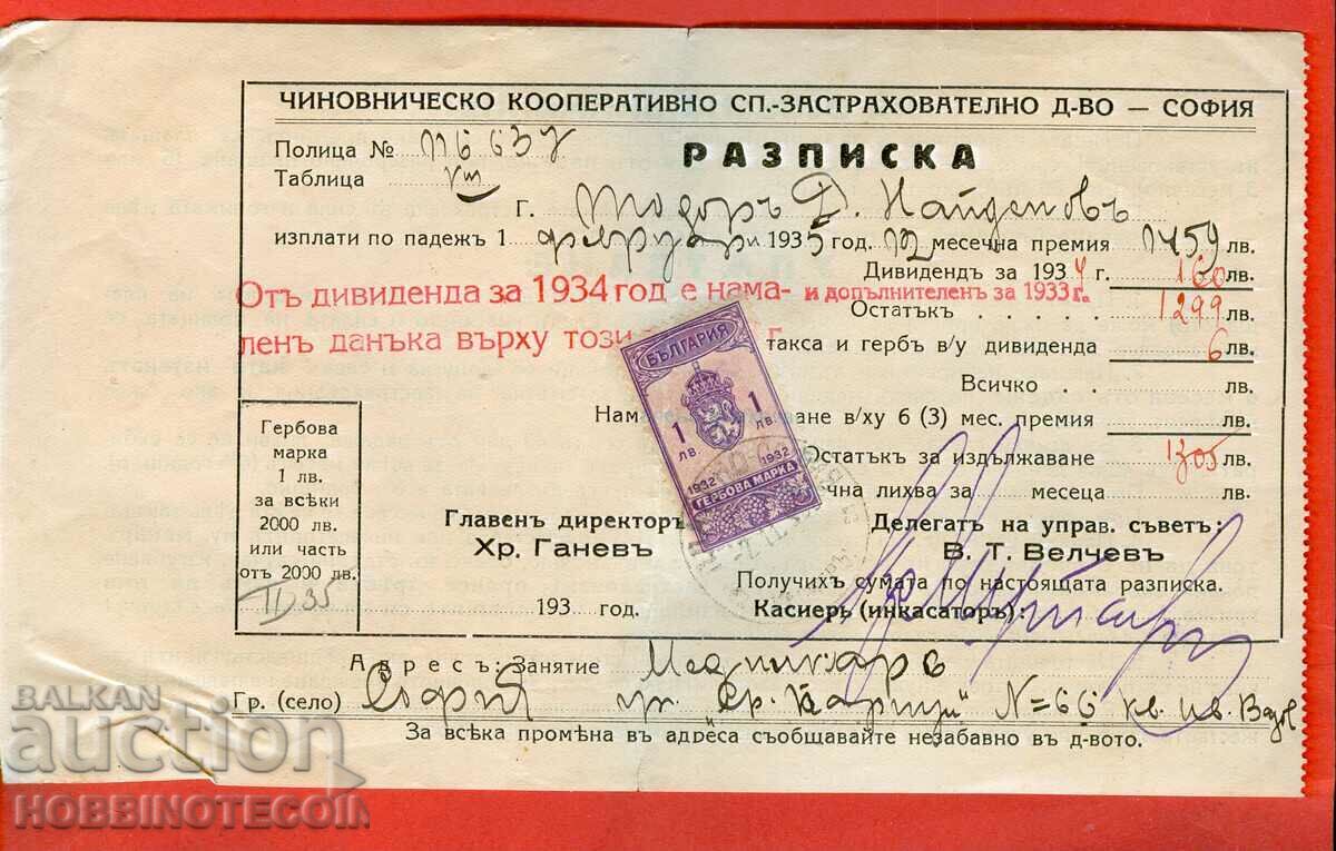 BULGARIA STAMPS STAMPS 1 Lev - 1932 RECEIPT 1 BULGARIA STAMPS STAMPS 1 Lev - 1932 RECEIPT 1