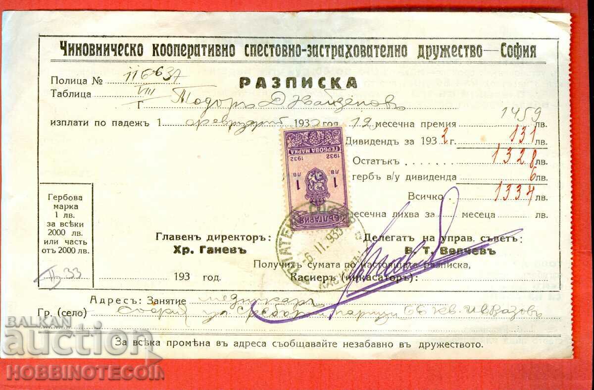 BULGARIA STAMPS STAMPS 1 Lev - 1932 RECEIPT 2 BULGARIA STAMPS STAMPS 1 Lev - 1932 RECEIPT 2