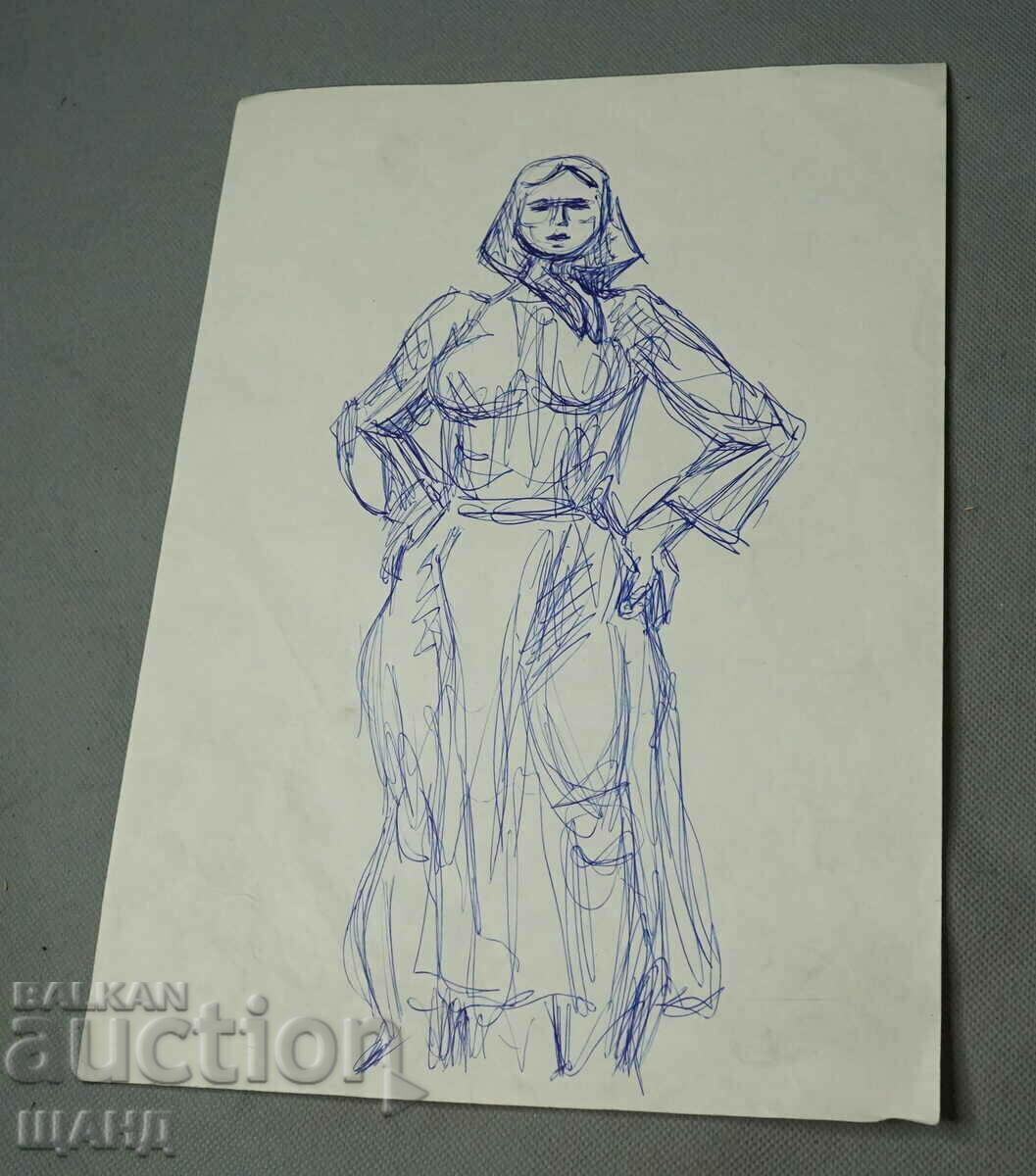 Ioto Metodiev Desen Pictură portretul unei femei cu basic