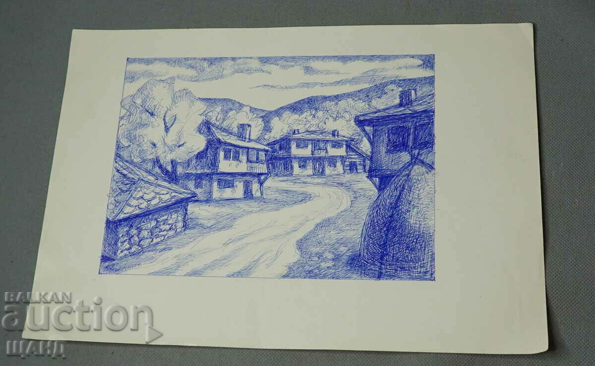 Ioto Metodiev Desen Imagine peisaj rural case vechi