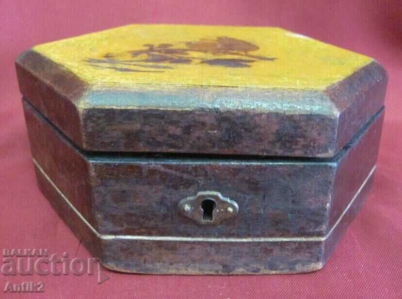 Licitație Cutie de bijuterii din lemn din secolul al XIX-lea Capac pictat manual Licitație Cutie de bijuterii din lemn din secolul al XIX-lea Capac pictat manual