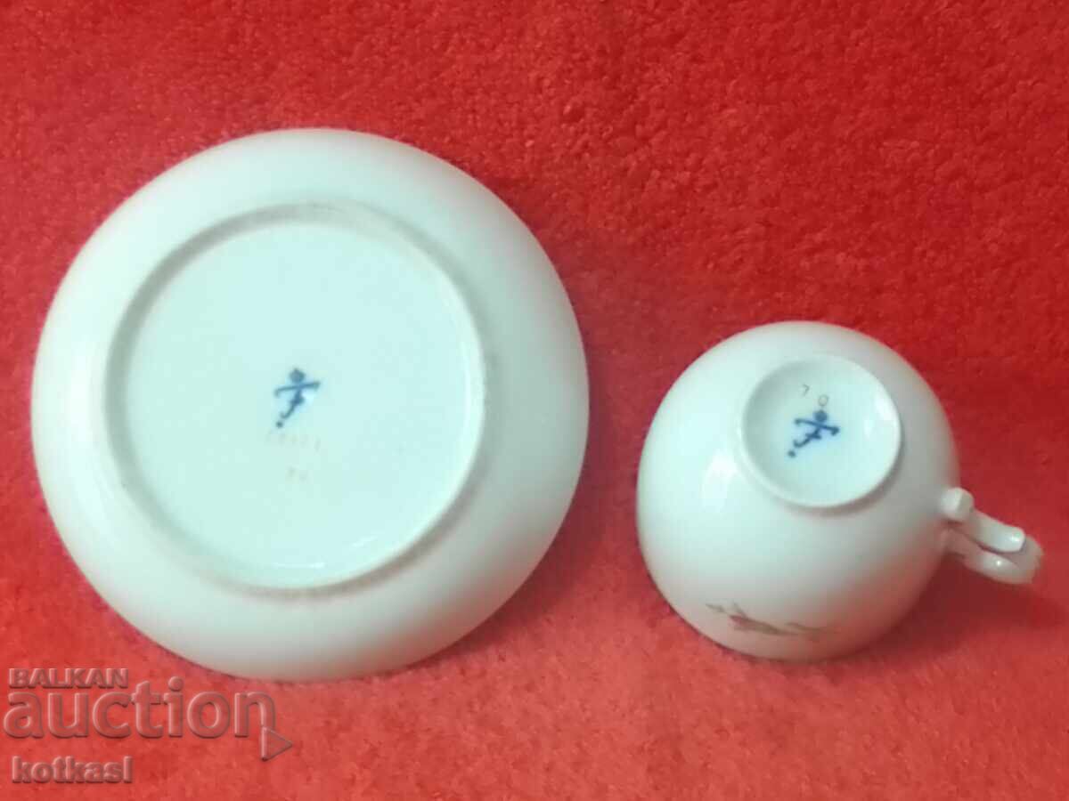 Old double porcelain set cup plate gilt Furstenberg F - 6