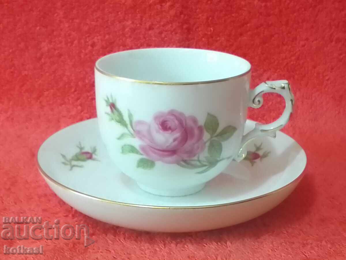 Old double porcelain set cup plate gilt Furstenberg F