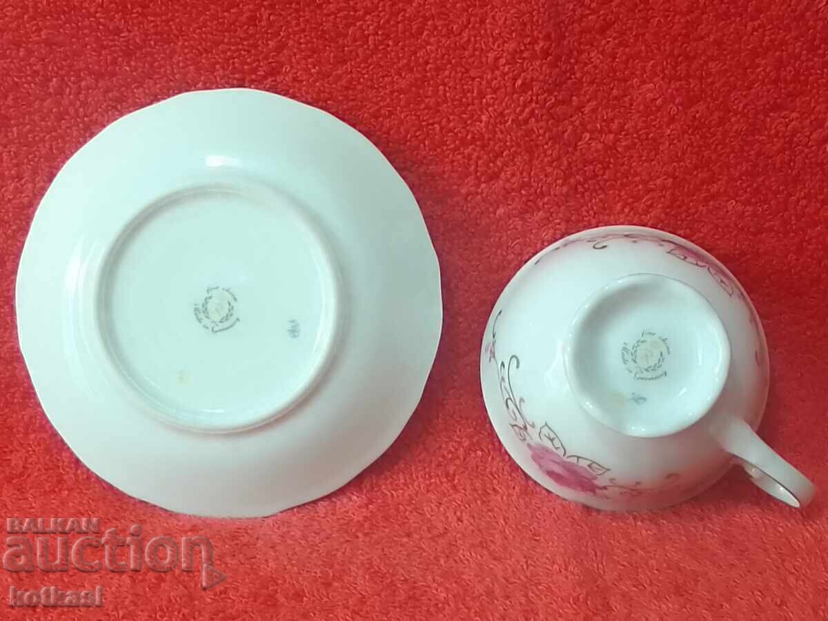 Old double porcelain set cup plate gilt Germany R - 5 Old double porcelain set cup plate gilt Germany R - 5