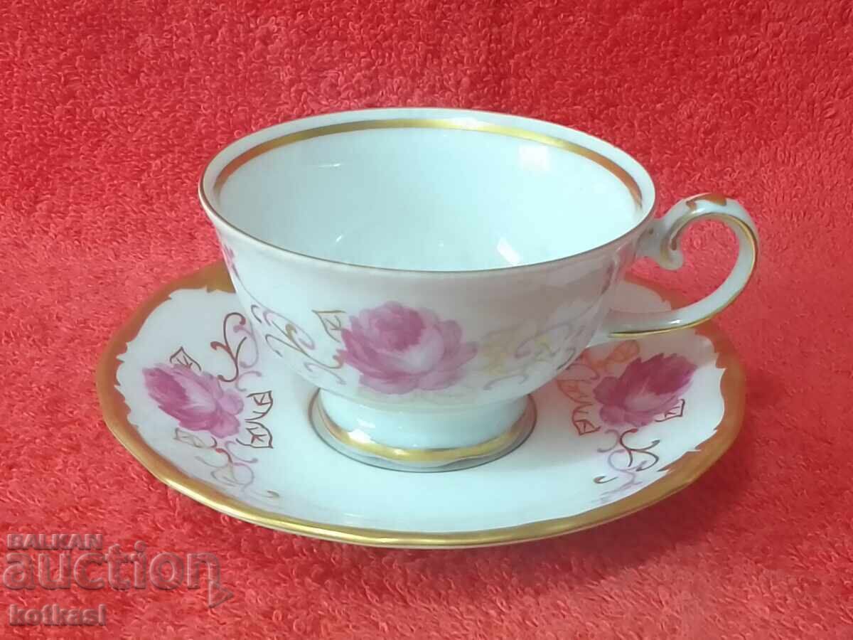 Old double porcelain set cup plate gilt Germany R Old double porcelain set cup plate gilt Germany R