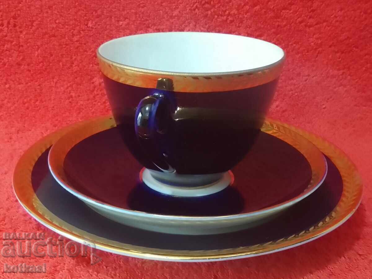 Old porcelain triple set cup 2 plates LFZ USSR Cobalt Gilding with price 125.50 BGN | € 64.17 Old porcelain triple set cup 2 plates LFZ USSR Cobalt Gilding with price 125.50 BGN | € 64.17