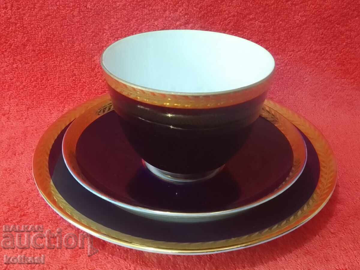 Auction Old porcelain triple set cup 2 plates LFZ USSR Cobalt Gilding Auction Old porcelain triple set cup 2 plates LFZ USSR Cobalt Gilding