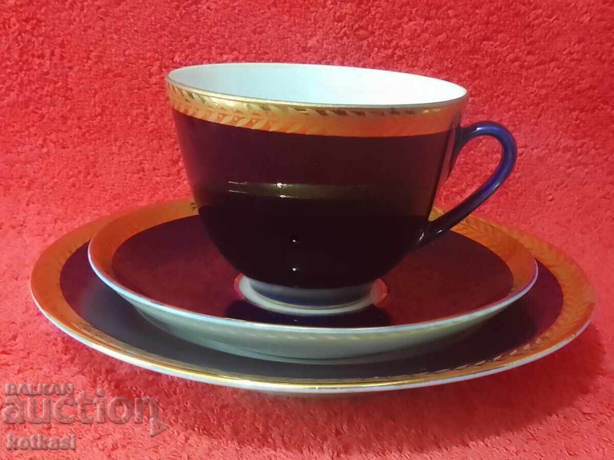 Old porcelain triple set cup 2 plates LFZ USSR Cobalt Gilding Old porcelain triple set cup 2 plates LFZ USSR Cobalt Gilding