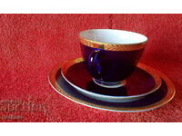 Old triple porcelain set cup 2 plates LFZ USSR Cobalt Plating