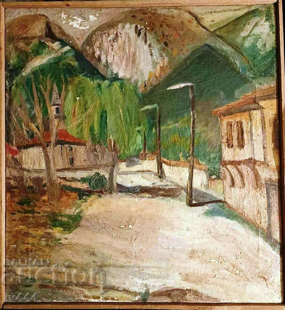 GENCHO PULEV OLD BULGARIAN OIL PAINTING-KARLOVSKA STREET