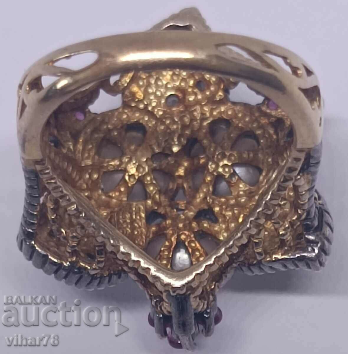 Ring with pearls, rubies, diamonds - made of 9 carat gold and - 7