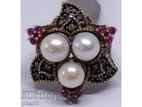 Ring with pearls, rubies, diamonds - made of 9 carat gold and