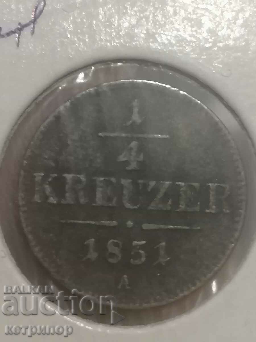 1/4 Kreuzer Austria Hungary 1851 A copper silver