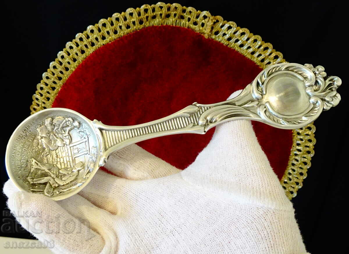 Family pewter spoon with picture, baroque.