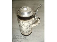 #*7386 old large porcelain mug with metal lid
