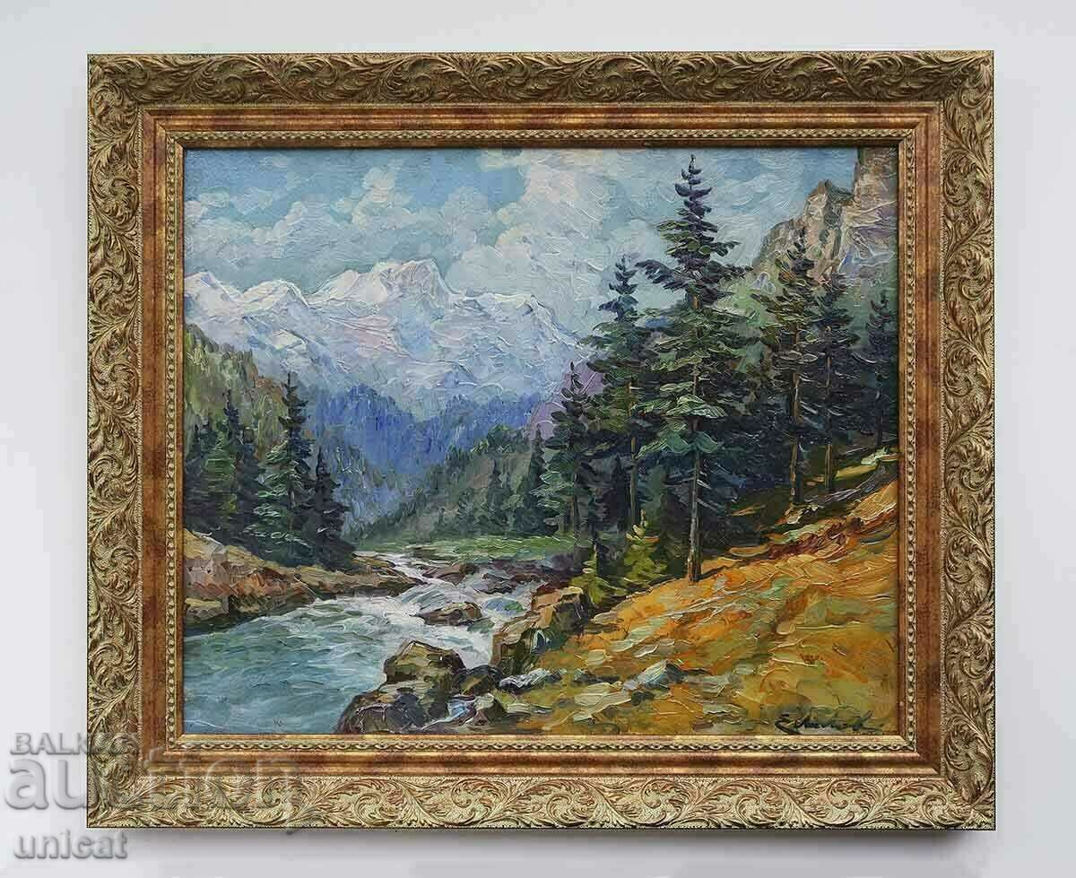 Пейзаж от Рила планина, стара картина, маслени бои