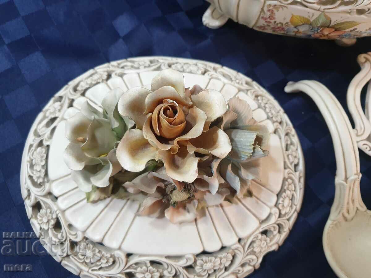 Delivery of Large Italian porcelain soup bowl, plate and ladle