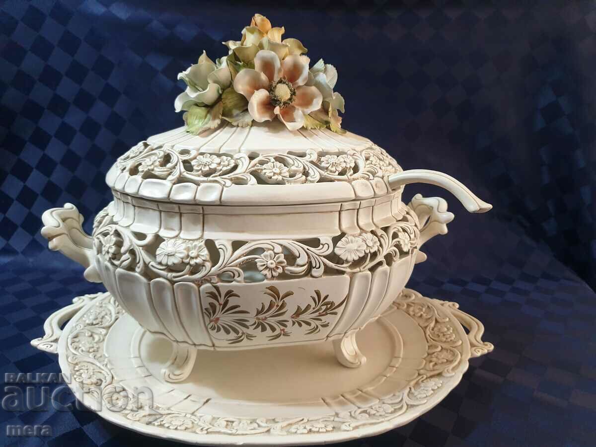 Large Italian porcelain soup bowl, plate and ladle - 5