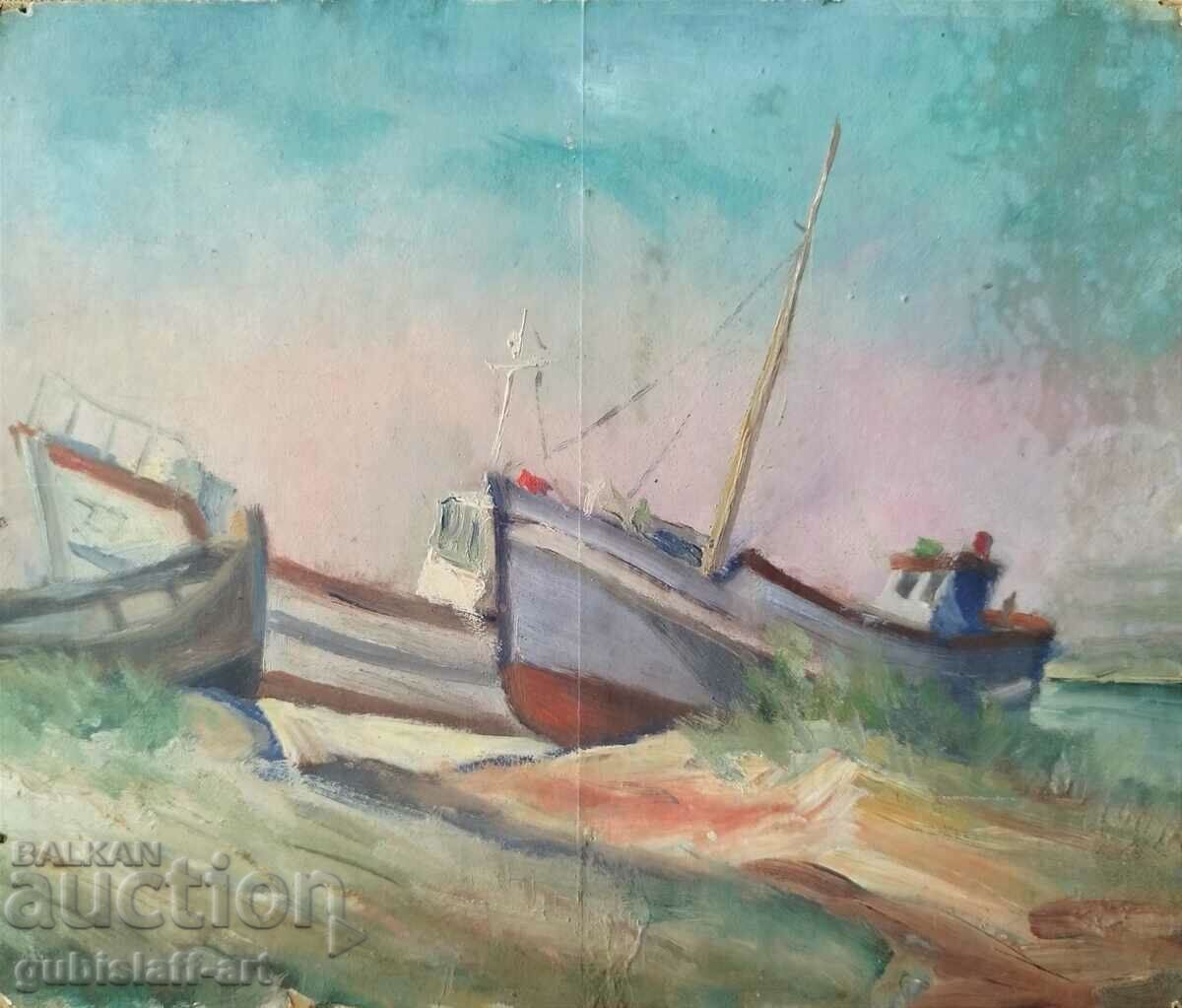 Картина, лодки,  "На док", худ. Марин Абаджиев    БЗЦ