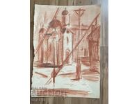 Old Master Painting Drawing Pastel Church