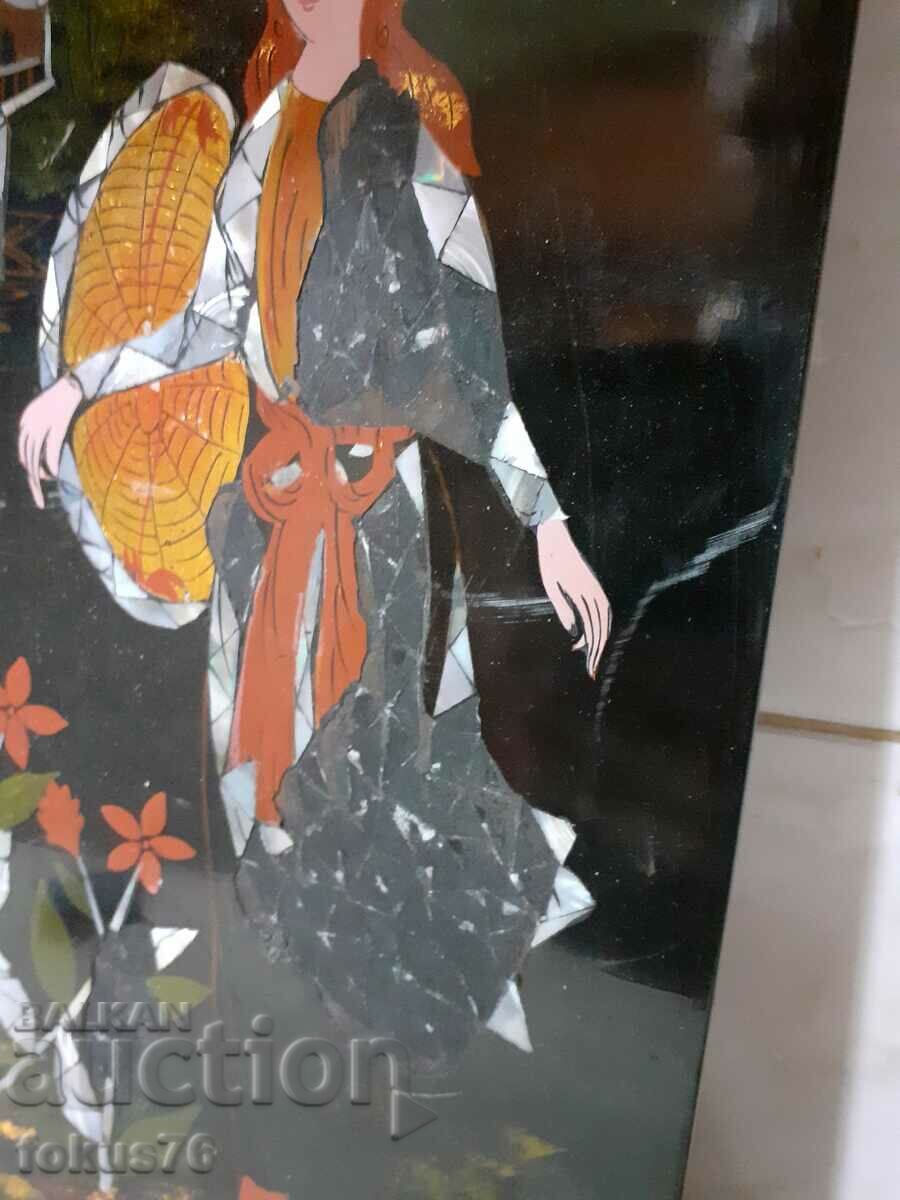 Auction Unique Japanese lacquer panel painting with mother of pearl inlay Auction Unique Japanese lacquer panel painting with mother of pearl inlay