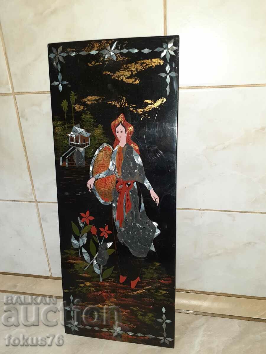 Unique Japanese lacquer panel painting with mother of pearl inlay