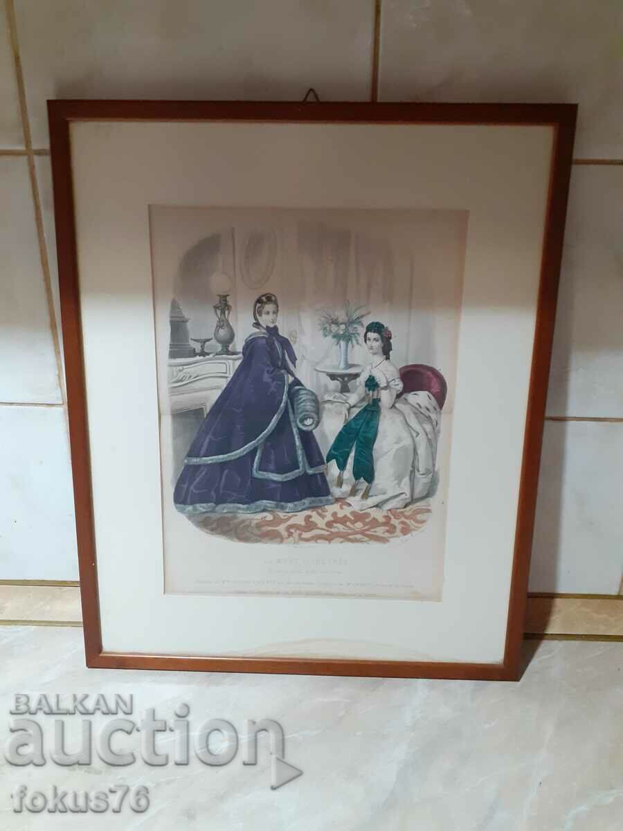 Old colored French antique framed engraving signed