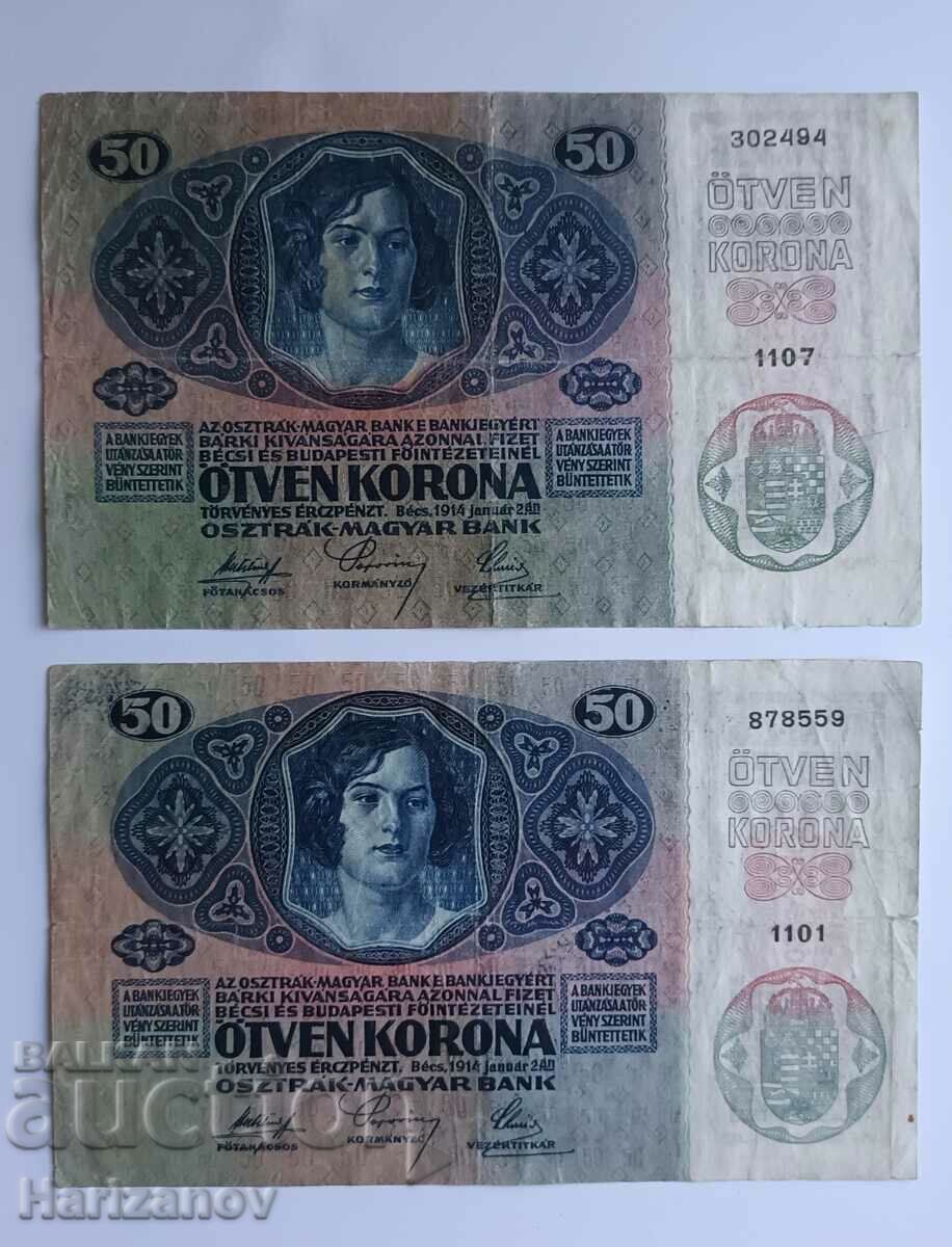 Lot 2 x 50 kronen Austria 1914- Lot Austria kronen