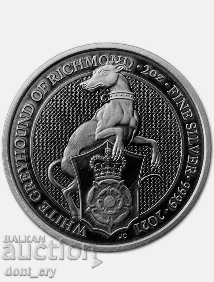 Greyhound Antique 2021 de argint, 2 oz, Fiarele reginei