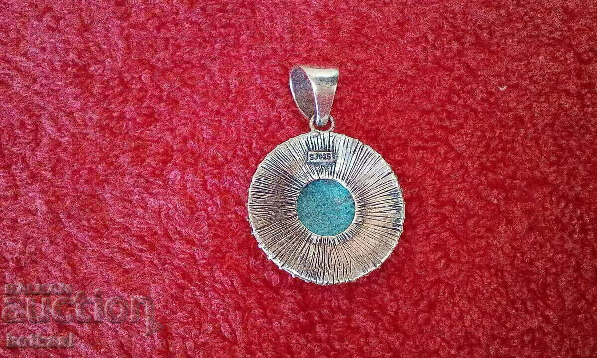 Old Solid 925 Silver Semi Precious Stone Pendant - 5