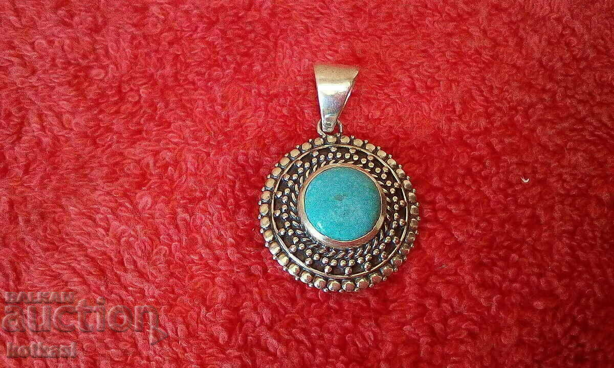 Old Solid 925 Silver Semi Precious Stone Pendant - 6