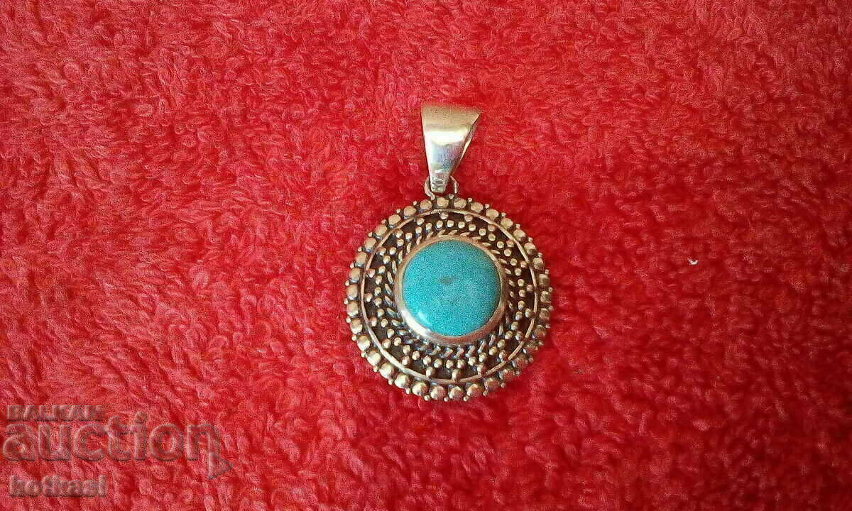 Old Solid 925 Silver Semi Precious Stone Pendant - 7