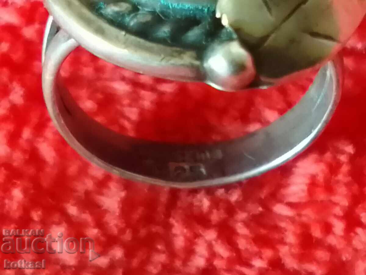 Стар сребърен 925 sterling пръстен зелен полускъпоцене камък - 6