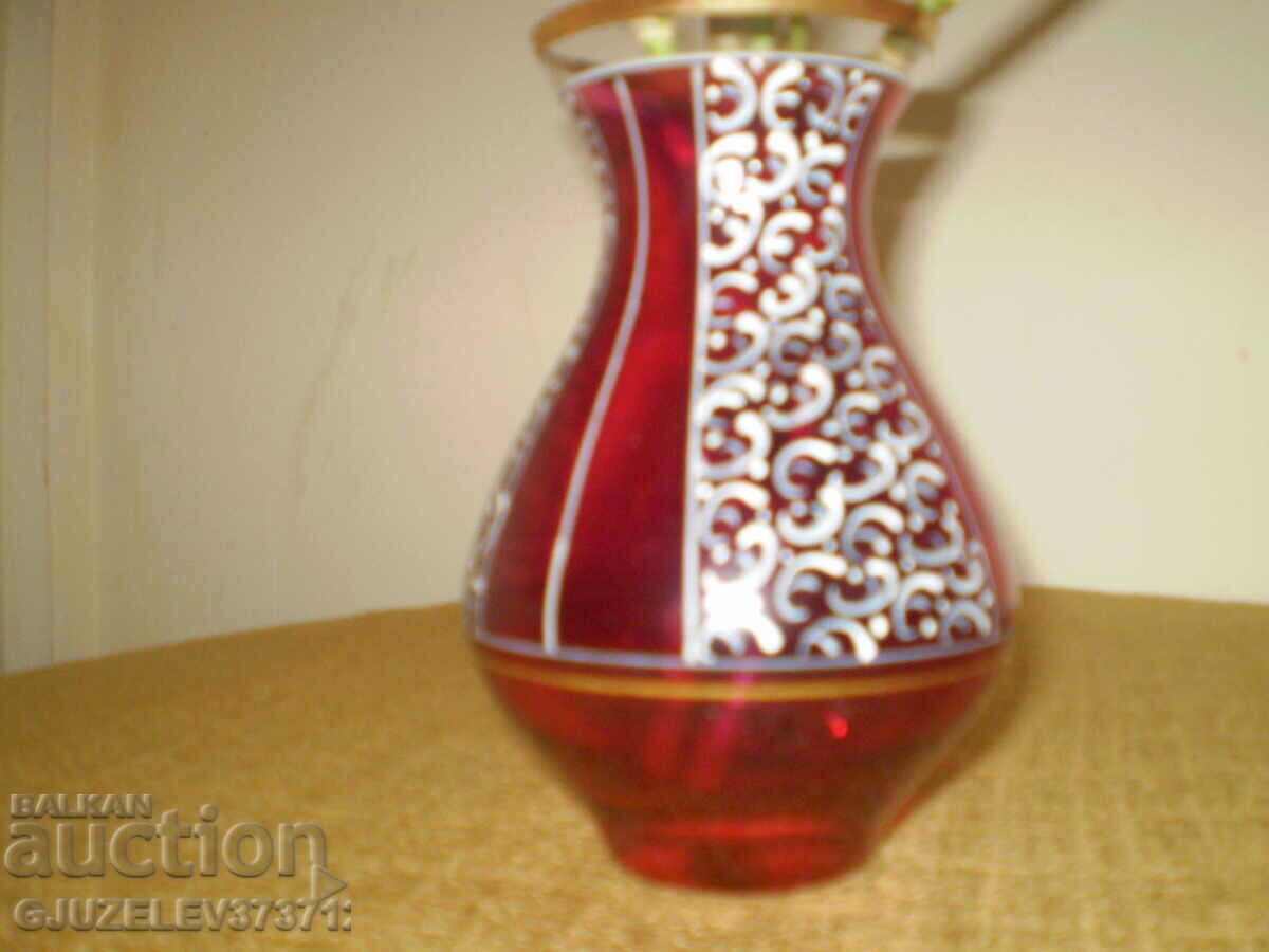 Art Deco BEAUTIFUL red glass vase with painted ornaments with price 79.00 BGN | € 40.39