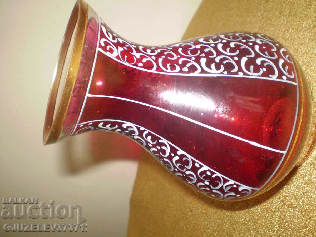Art Deco BEAUTIFUL red glass vase with painted ornaments - 6