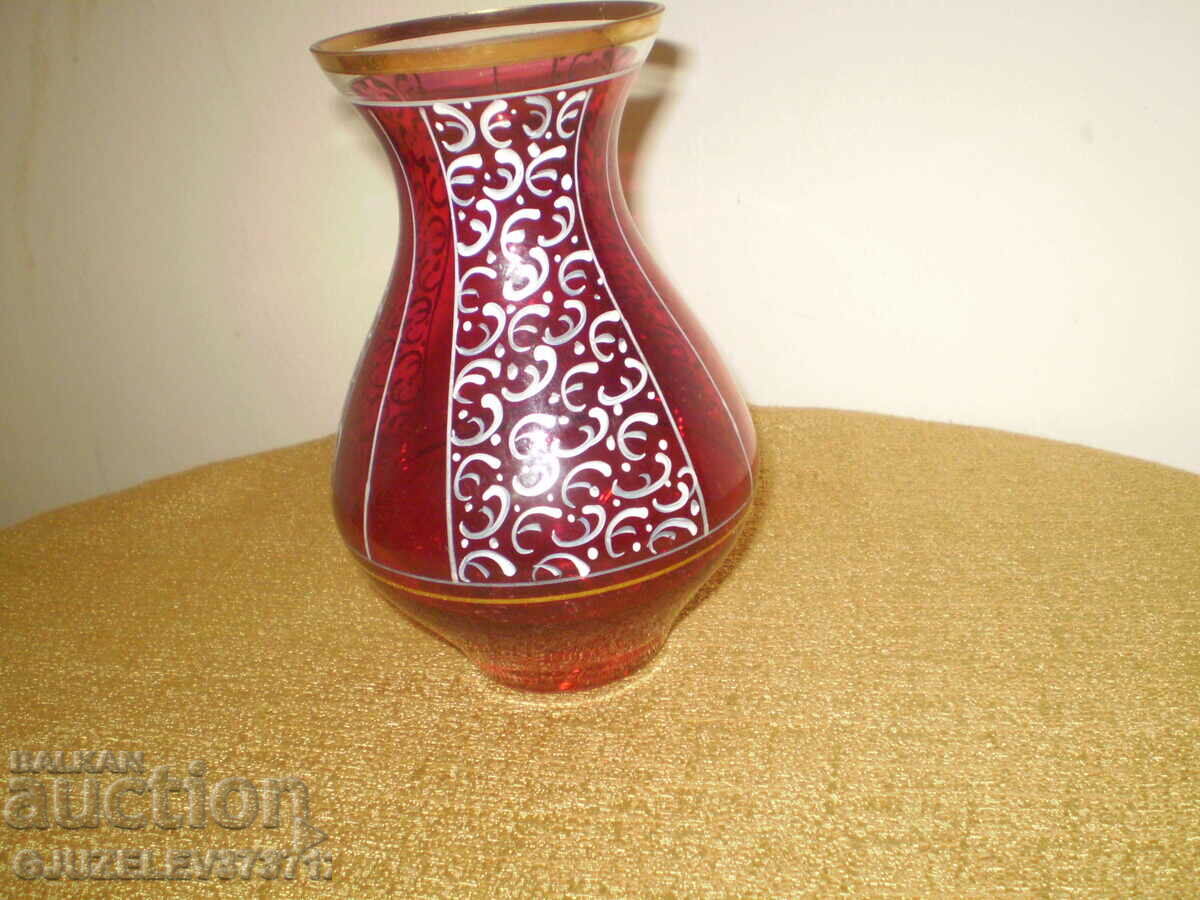 Art Deco BEAUTIFUL red glass vase with painted ornaments - 7