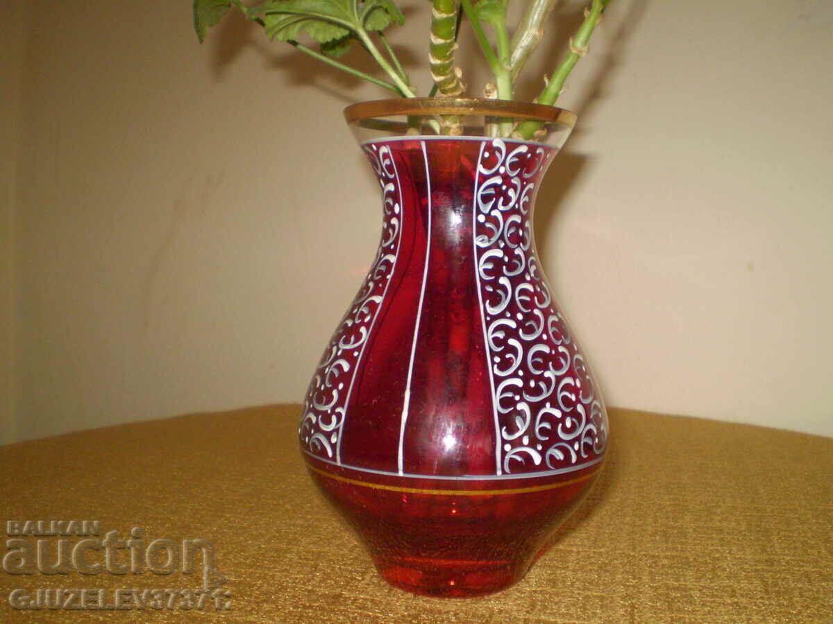 Art Deco BEAUTIFUL red glass vase with painted ornaments