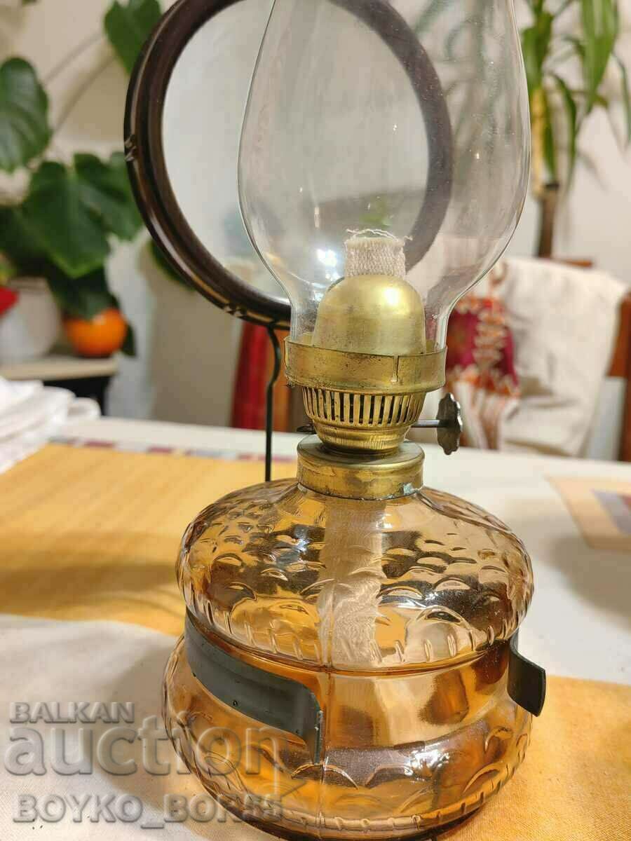 Lampă de gaz antică superbă cu oglindă și sticlă nefolosită