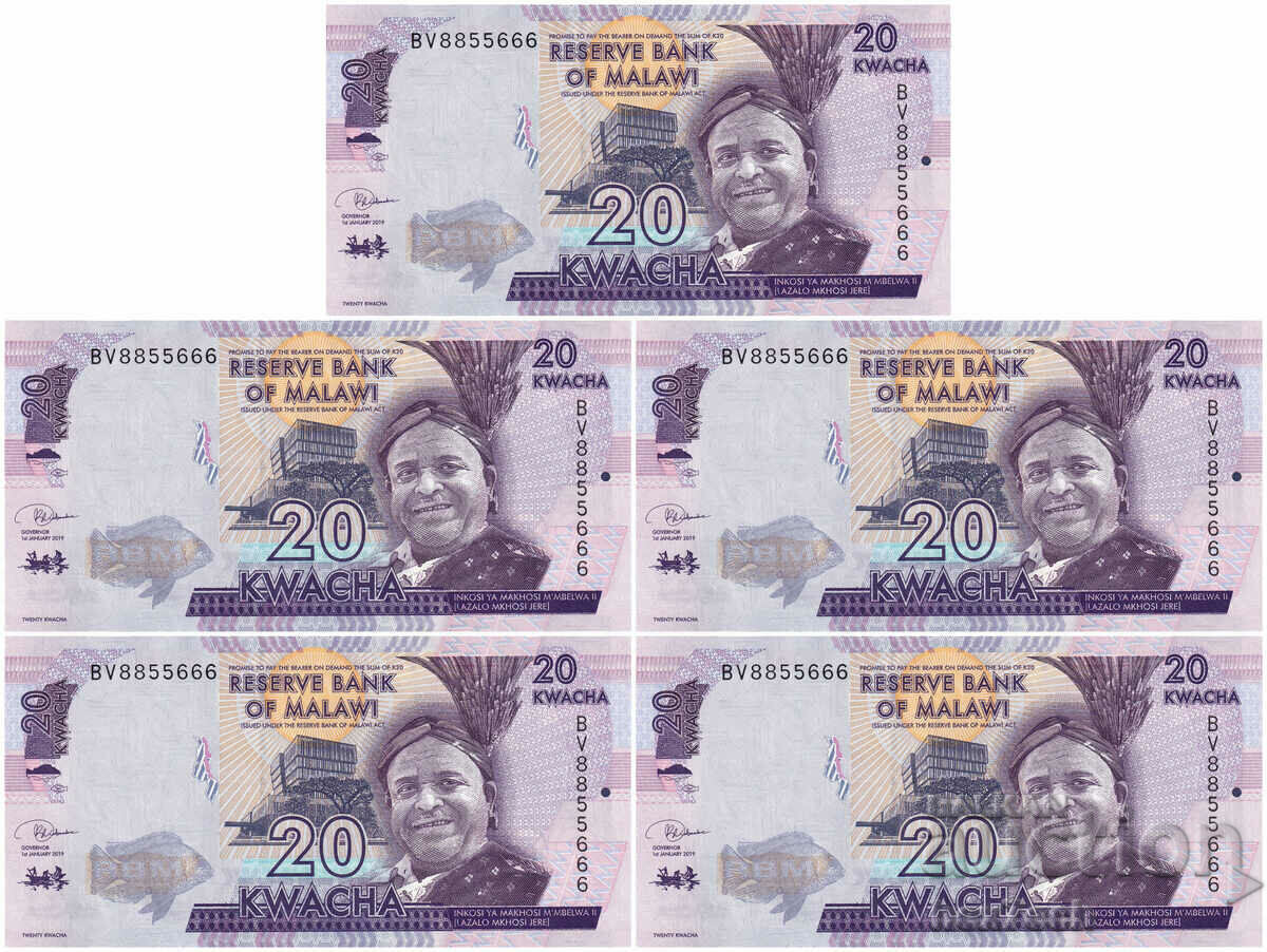 ❤️ ⭐ Malawi 2019 20 kwacha 5 pieces UNC new ⭐ ❤️