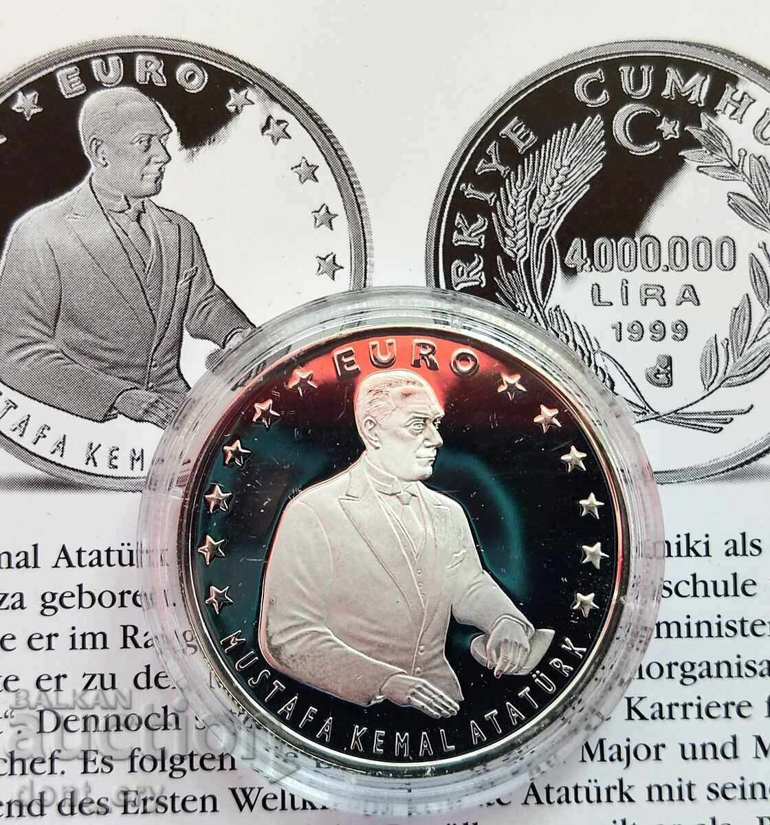 Сребро 4000000 Лири Мустафа Кемал Ататюрк 1999 Турция
