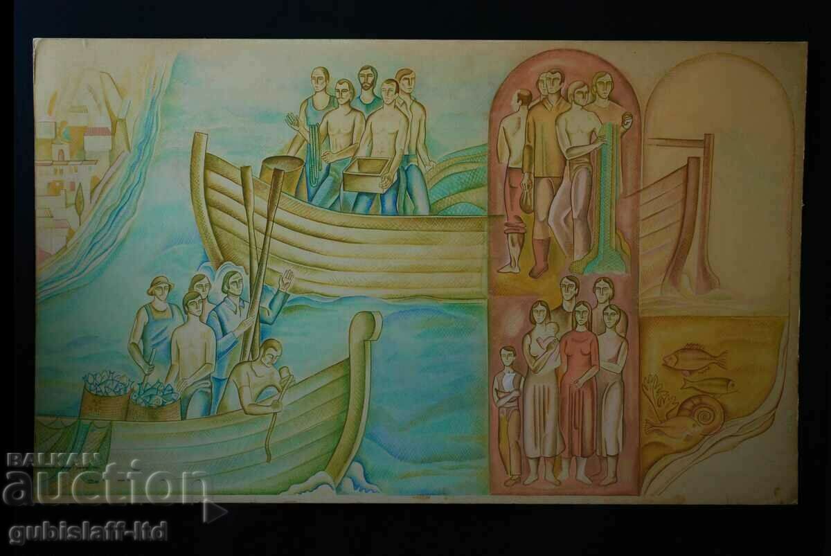 Картина, лодка, риби, хора, бълг. автор, 1970-те год.