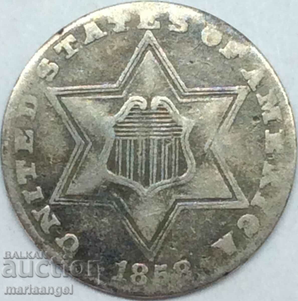 USA 3 Cents 1858 (Period 1854-1858) Silver - Rare