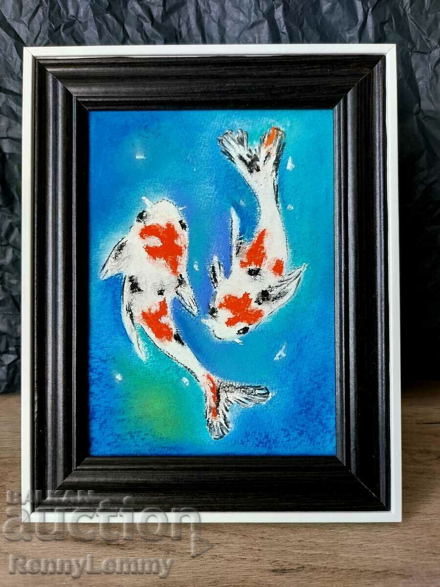 Ιαπωνικά ψάρια Koi, παστέλ ζωγραφική, πρωτότυπο
