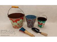 Lot of three metal enamel buckets and two scoops from the USSR