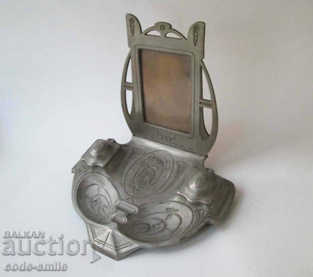 Old large cast iron inkwell with picture frame Germany