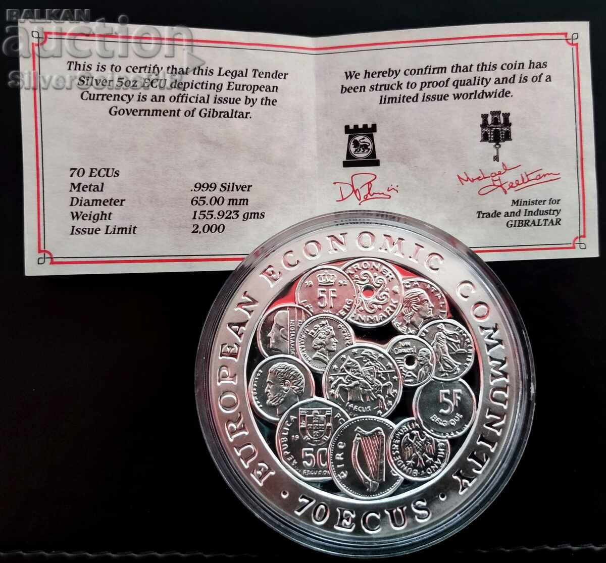 Сребро 5 oz Валути 70 Екю 1993 Гибралтар